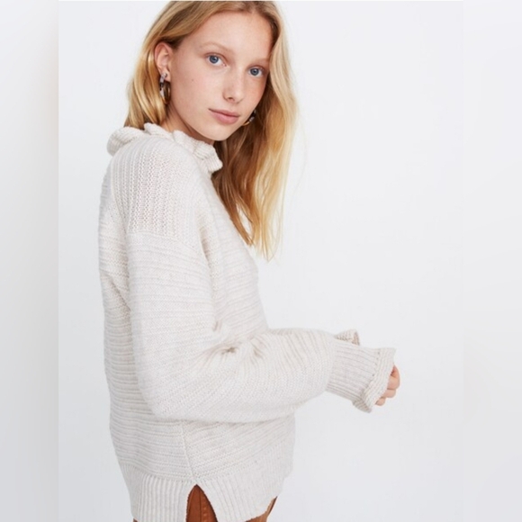 Madewell Ruffle-Neck Light Beige Sweater In Cotton-Merino Yarn, Size XS - Picture 2 of 7